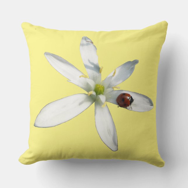 Ladybug on White Flower Cust. Yellow Throw Pillow (Front)