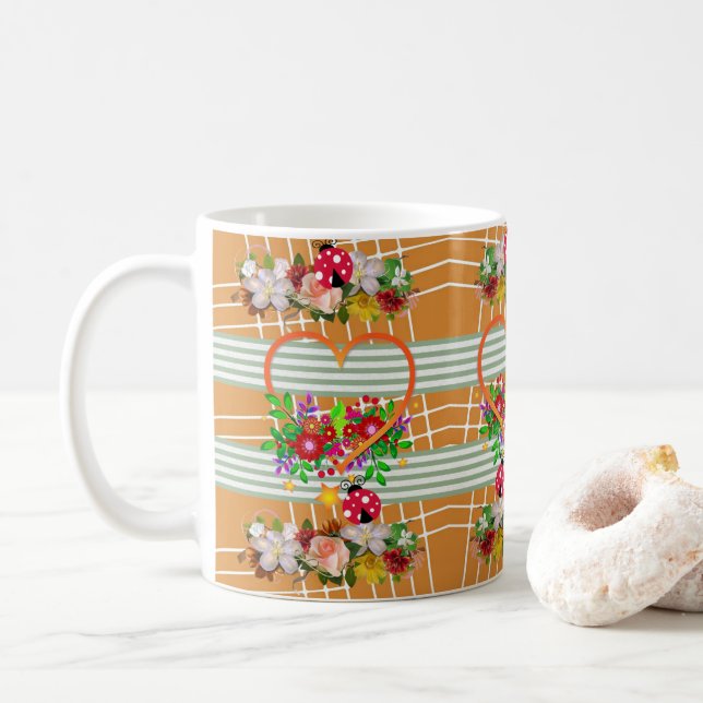 Ladybug Orange Heart Floral Mug (With Donut)