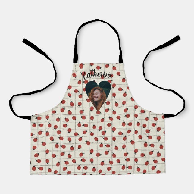 Ladybug Pattern Custom Photo & Name on Cream White Apron (Front)