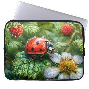 Ladybug Perched on Dew-Covered Strawberry Plant Laptop Sleeve