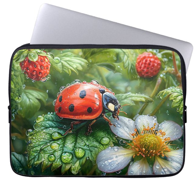 Ladybug Perched on Dew-Covered Strawberry Plant Laptop Sleeve (Front)