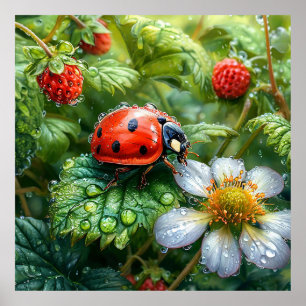 Ladybug Perched on Dew-Covered Strawberry Plant Poster