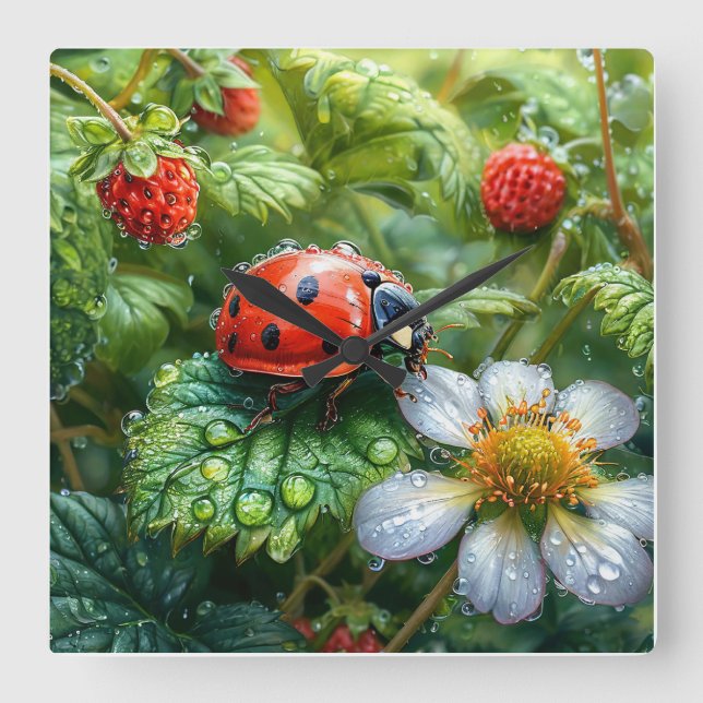 Ladybug Perched on Dew-Covered Strawberry Plant Square Wall Clock (Front)