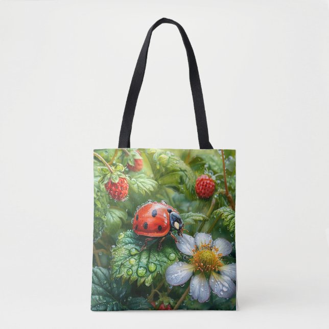 Ladybug Perched on Dew-Covered Strawberry Plant Tote Bag (Front)