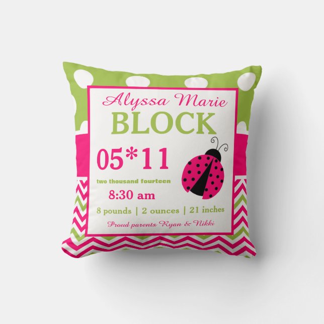 Ladybug Pink Green Baby Announcement Pillow (Front)