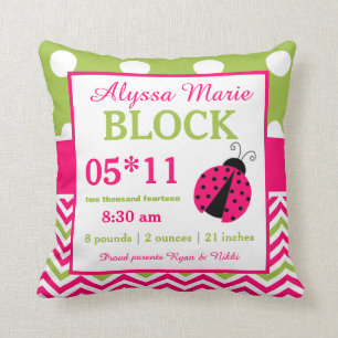 Ladybug Pink Green Baby Announcement Pillow
