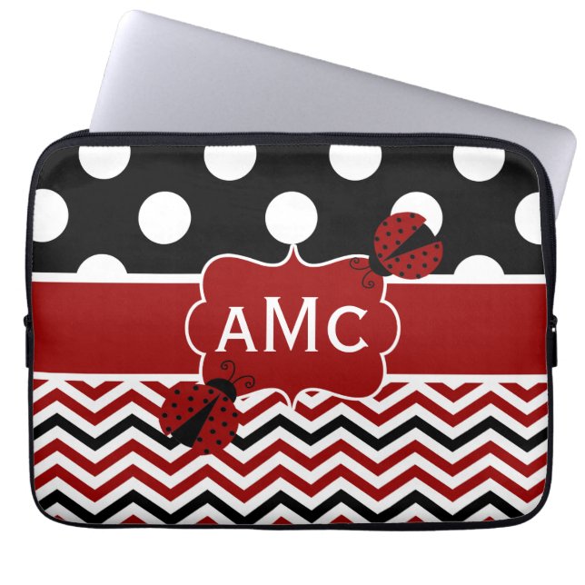 Ladybug Red Black Chevron Monogram Laptop Sleeve (Front)