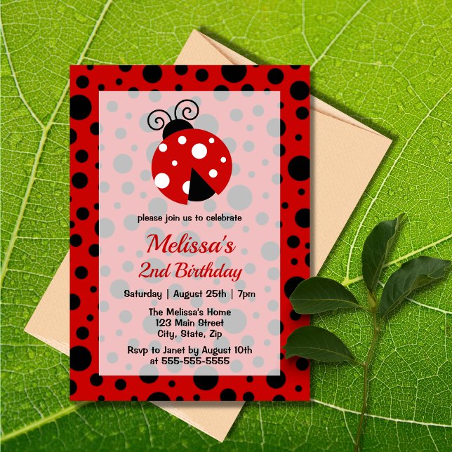 Ladybug Red Black Frame Polka Dots Kids Birthday  Invitation (Creator Uploaded)