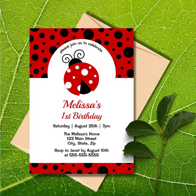 Ladybug Red Black Polka Dots Kids Birthday  Invitation (Creator Uploaded)