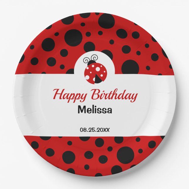 Ladybug Red Black Polka Dots Kids Birthday  Paper Plate (Front)