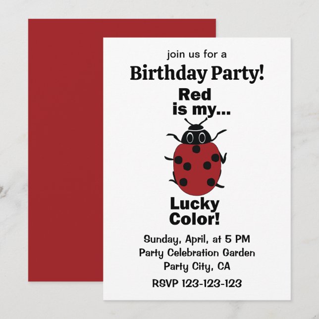 Ladybug Red Is My Lucky Colour Funny Birthday Part Invitation (Front/Back)
