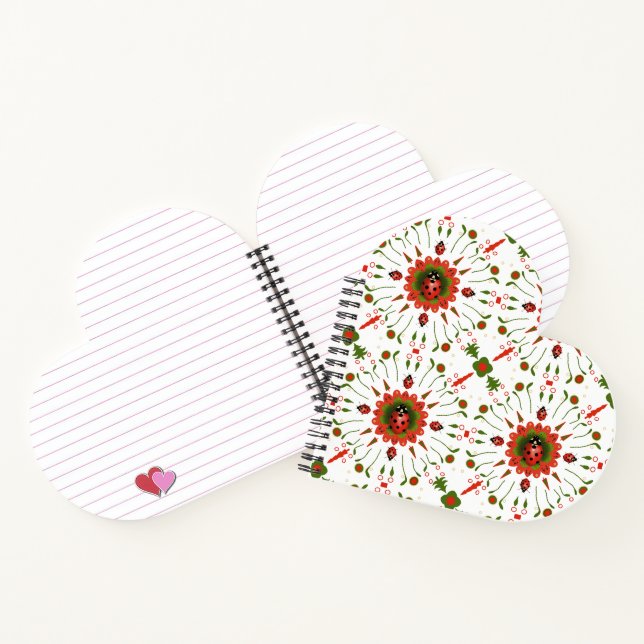 Ladybug Red, White, Green Heart-Shaped Spiral Notebook (Inside)