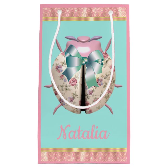 Ladybug rose violets floral pink blue cute small gift bag (Front)