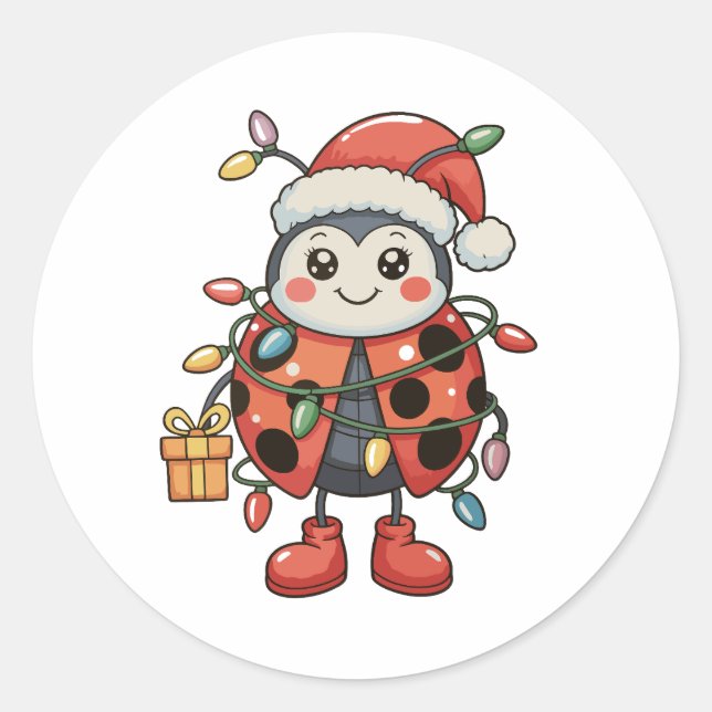 Ladybug Santa Hat Christmas Lights Present Box Classic Round Sticker (Front)