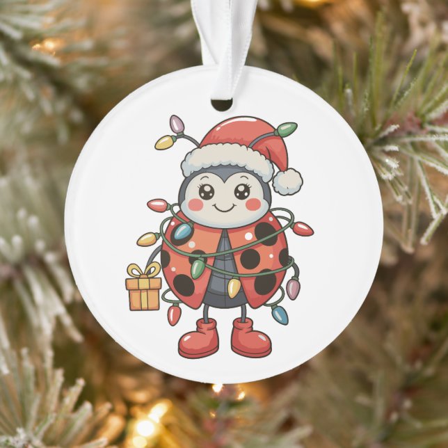 Ladybug Santa Hat Christmas Lights Present Box Ornament (Tree)