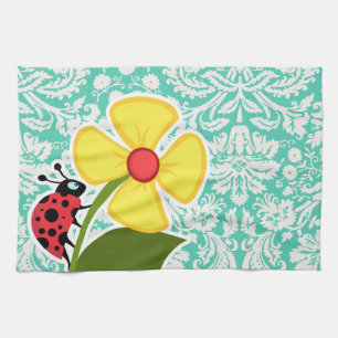 Ladybug; Seafoam Green Damask Tea Towel