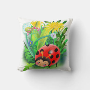 ladybug sits on leaves on a background of flowers cushion