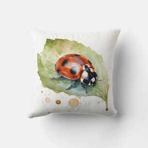 Ladybug sitting on a leaf in vibrant water colour cushion