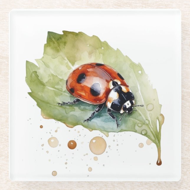 Ladybug sitting on a leaf in vibrant water colour glass coaster (Front)