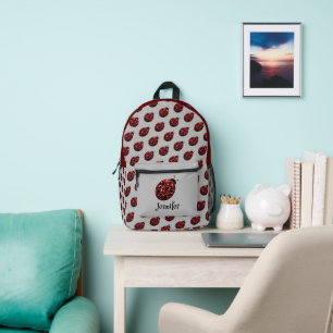 Ladybug sparkles red pattern grey custom name printed backpack