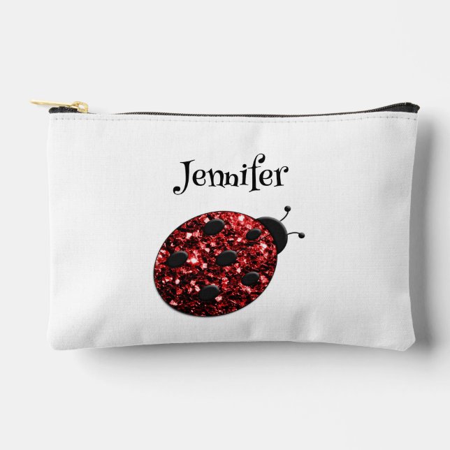 Ladybug sparkles red pattern white custom name accessory pouch (Front)