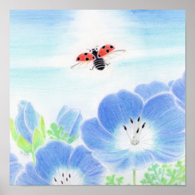 Ladybug Spring Blue Flower Nemophila Nursery Art Poster (Front)