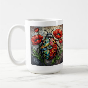 Ladybug stained glass vibrant poppy flower insect coffee mug