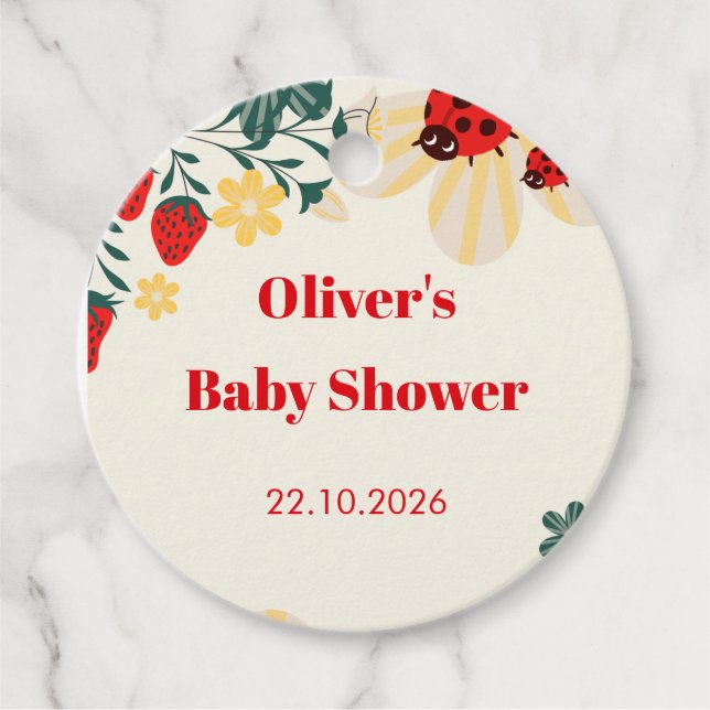 Ladybug & Strawberry Baby Shower Favour Tags (Front)