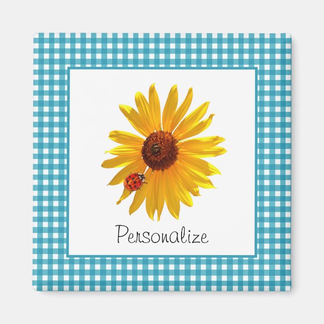 Ladybug Sunflower Turquoise Gingham With Name Magnet (Front)