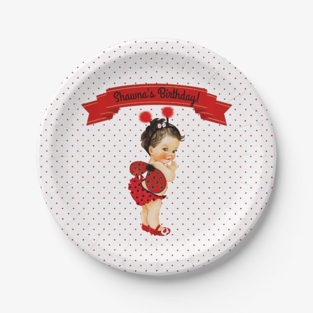 Ladybug Theme Baby Girl Red Dots Paper Plate (Front)