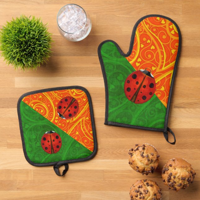 Ladybug Whimsey 3D Folk Art Oven Mitt & Pot Holder Set (Top Down)