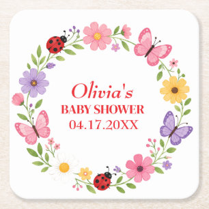 Ladybug Wildflower Baby Girl Shower Square Paper Coaster