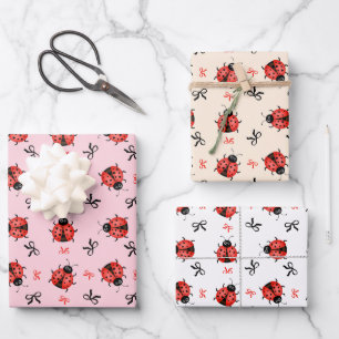 Ladybugs and bows wrapping paper sheet