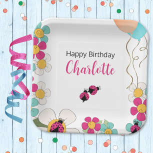 Ladybugs and Flowers Square Birthday Party Paper Plate