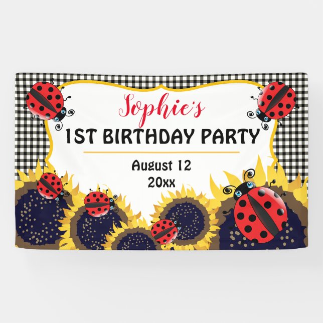 Ladybugs and Sunflowers Checks 1st Birthday Party Banner (Horizontal)