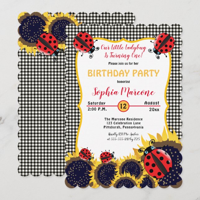 Ladybugs and Sunflowers Girl 1st Birthday Party Invitation (Front/Back)