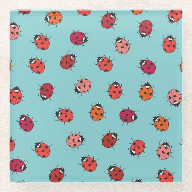 Ladybugs, blue background, charming seamless patte glass coaster (Front)