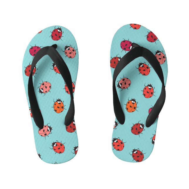 Ladybugs, blue background, charming seamless patte kid's jandals (Footbed)