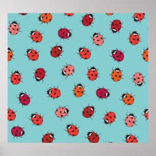 Ladybugs, blue background, charming seamless patte poster