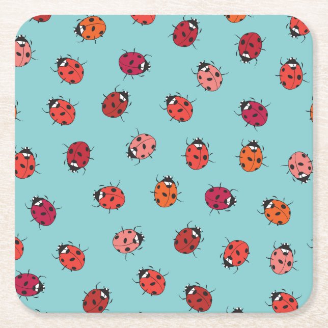 Ladybugs, blue background, charming seamless patte square paper coaster (Front)