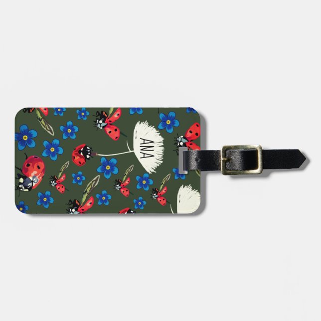 Ladybugs Blue flowers Personalised Luggage Tags (Front Horizontal)