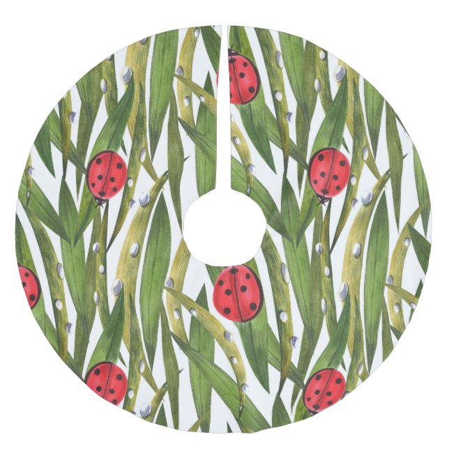 Ladybugs: daisy background watercolor pattern. brushed polyester tree skirt (Front)