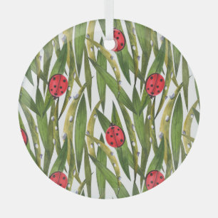Ladybugs: daisy background watercolor pattern. glass tree decoration