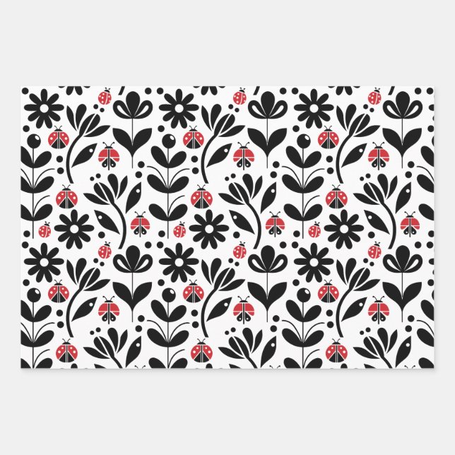 LADYBUGS & FLOWERS WRAPPING PAPER SHEET (Front)