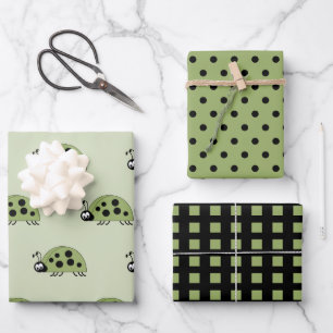 Ladybugs green and black dots and squares wrapping paper sheet