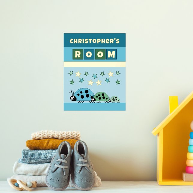 Ladybugs kid's room blue green nursery gold foil prints (In Situ (Nursery 3))