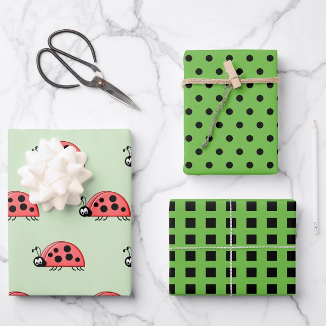 Ladybugs lime and black dots and squares wrapping paper sheet (Front)