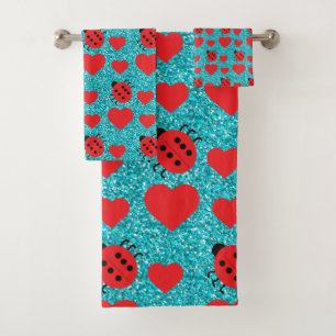 Ladybugs Lucky Insect Red Hearts Black Polka Dots Bath Towel Set