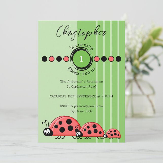 Ladybugs name turning 1 red green 1st Birthday Invitation (Standing Front)