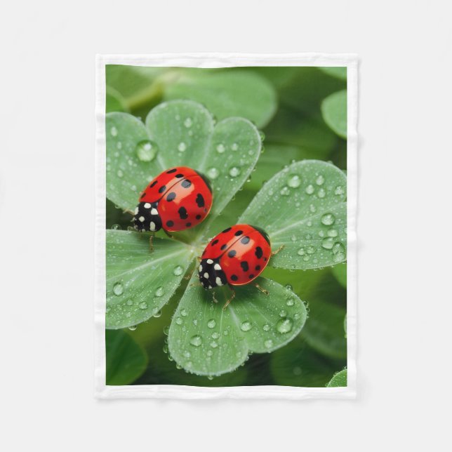 Ladybugs on Dewy Leaves Throw Fleece Blanket (Front)